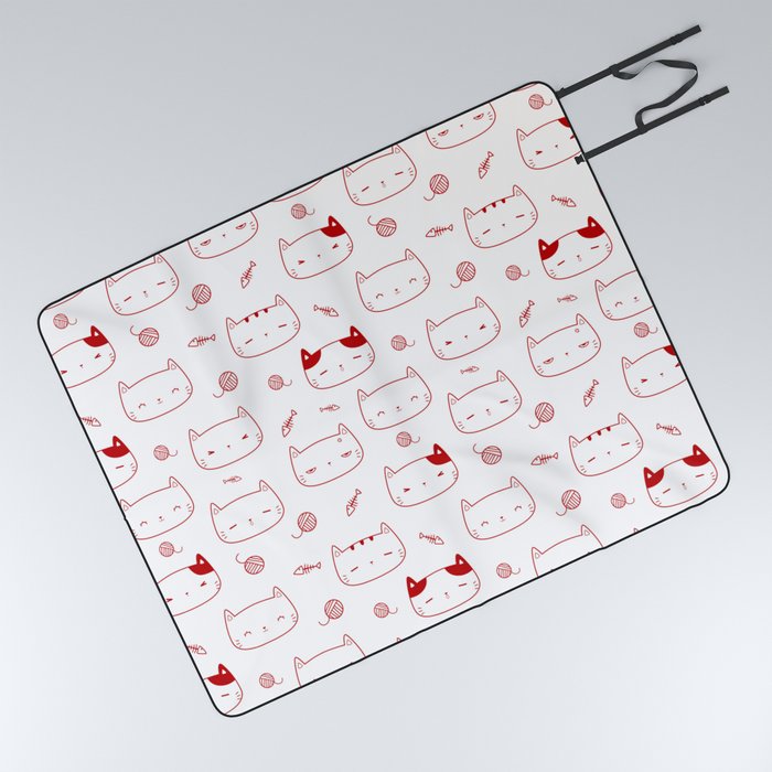Red Doodle Kitten Faces Pattern Picnic Blanket