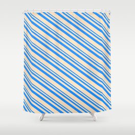 [ Thumbnail: Blue and Bisque Colored Stripes/Lines Pattern Shower Curtain ]
