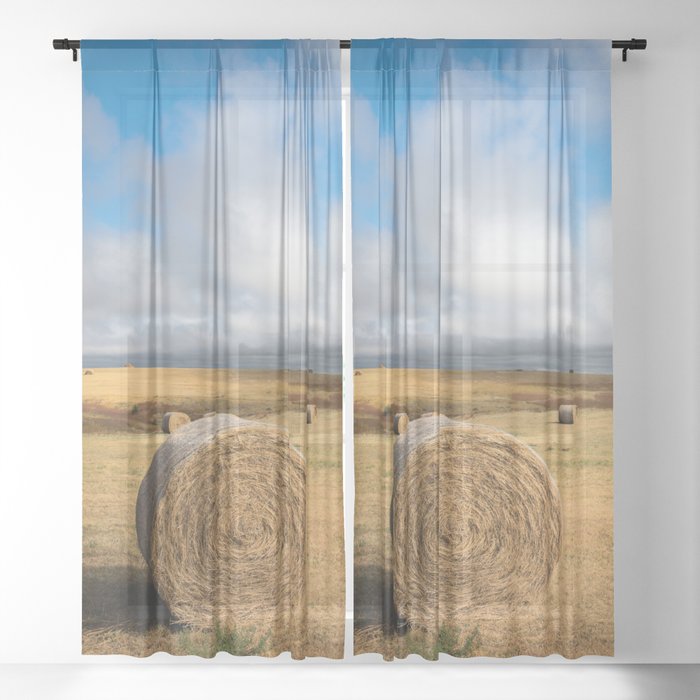 A Day on the Prairie - Round Hay Bales on Golden Landscape in South Dakota Sheer Curtain