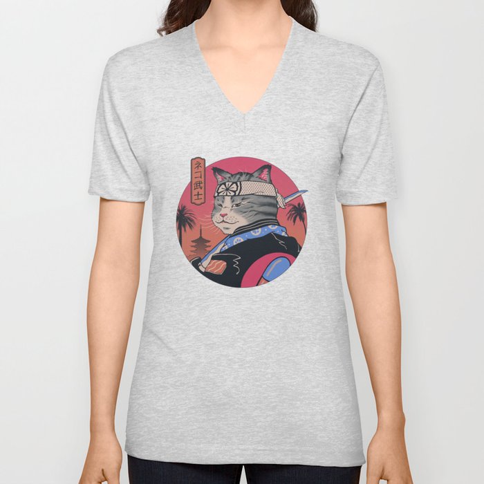 Samurai Cat V Neck T Shirt