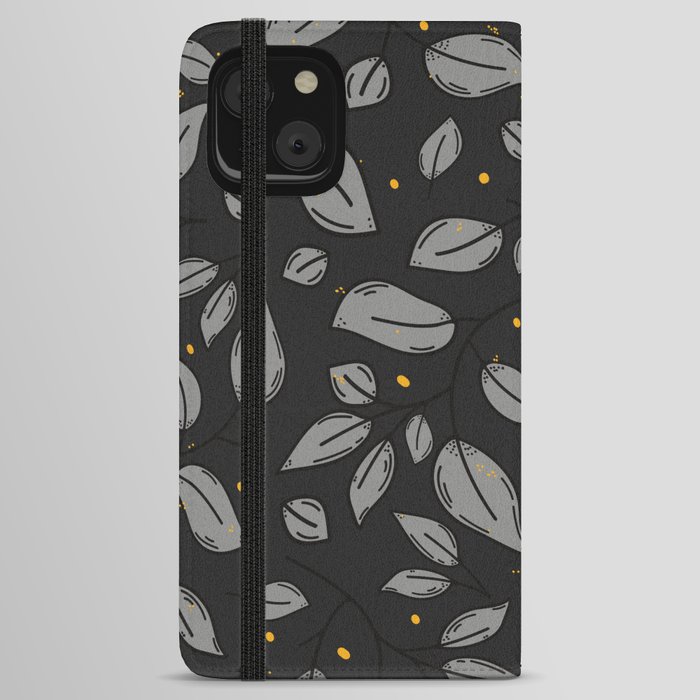Luxurious grey and yellow leaves and dots pattern iPhone Wallet Case
