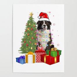 Santa Border Collie Dog Christmas Tree Light Funny Xmas Dog T-Shirt Poster