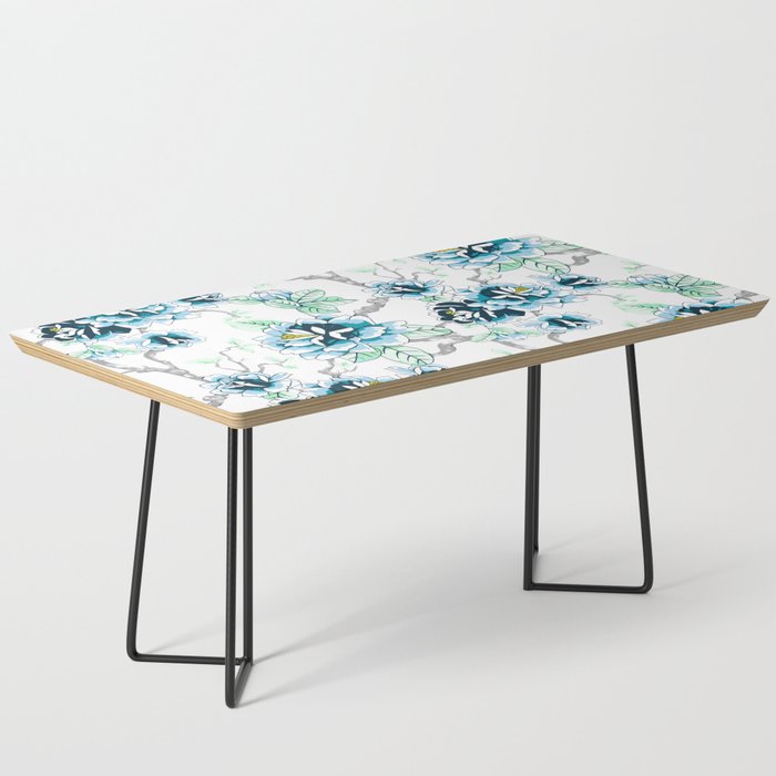 Spring Flowers Pattern Blue Soft Green on White Coffee Table