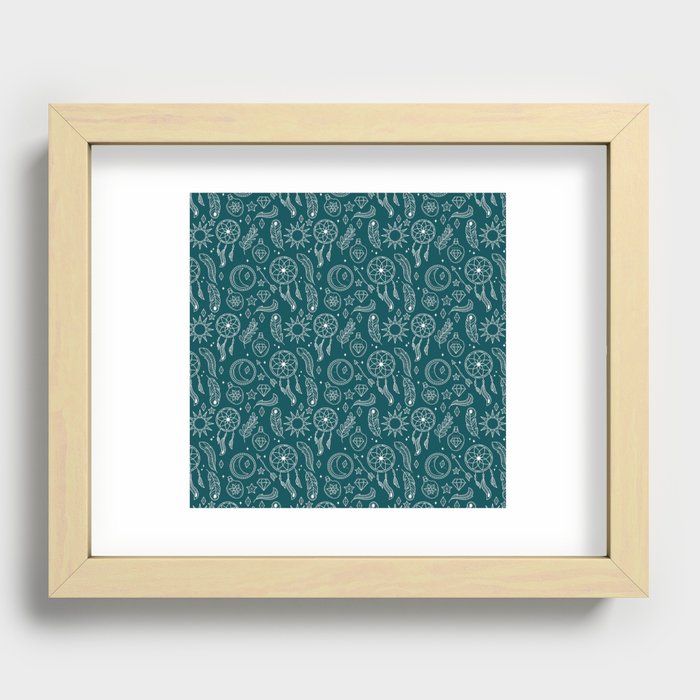 Teal Blue And White Hand Drawn Boho Pattern Recessed Framed Print