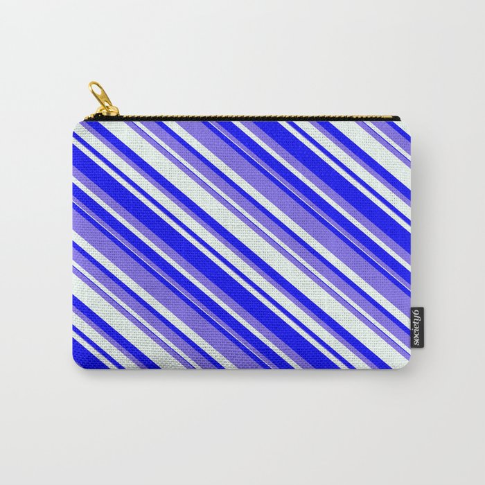 Medium Slate Blue, Mint Cream, and Blue Colored Lines Pattern Carry-All Pouch