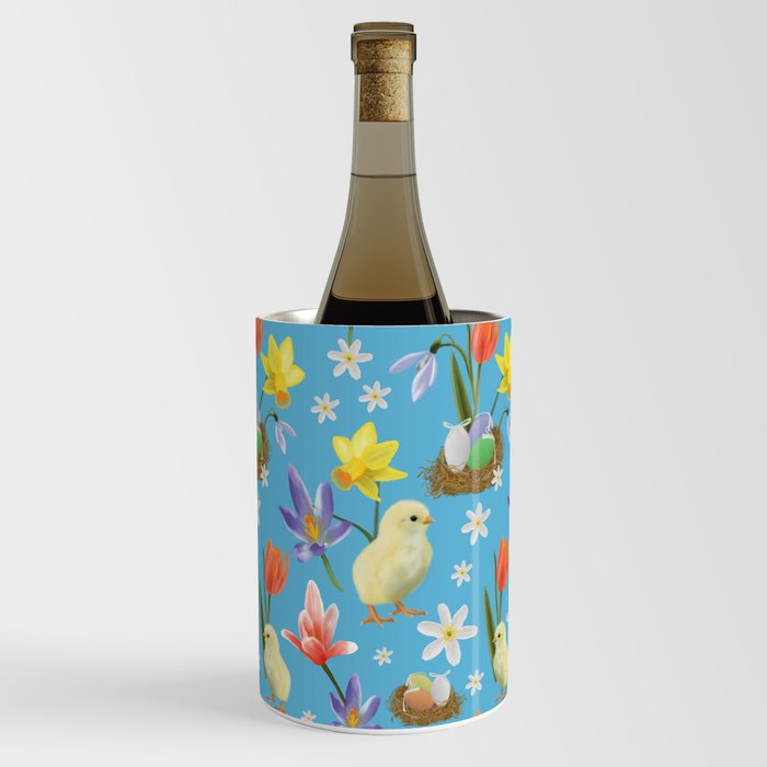 Colorful pattern with easter chicks, easter nests, tulips, daffodils, crocuses, wood anemones Wine Chiller