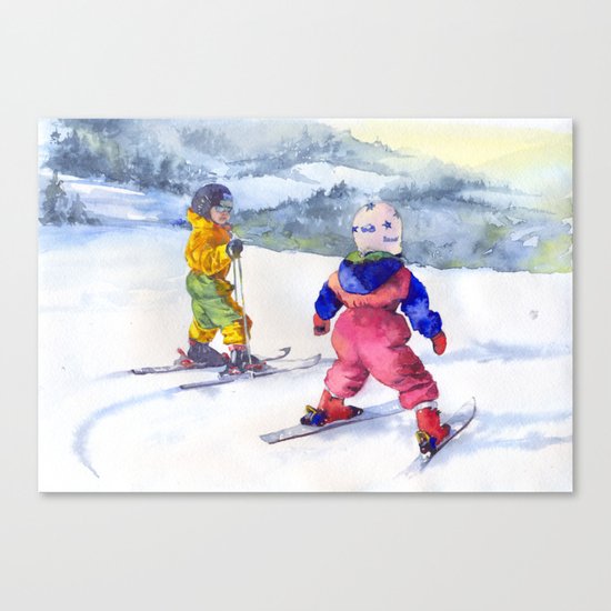 Watercolor skiing, skiers kids Canvas Print