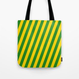 [ Thumbnail: Yellow & Forest Green Colored Stripes/Lines Pattern Tote Bag ]