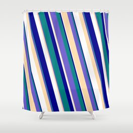 [ Thumbnail: Eyecatching Teal, Slate Blue, Tan, White, and Dark Blue Colored Stripes Pattern Shower Curtain ]
