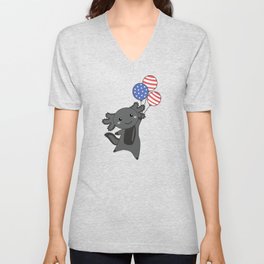 Axolotl Flies With Balloons 4th Of July American V Neck T Shirt