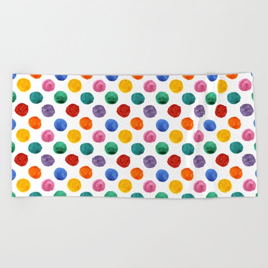 'Happiness and joy', colorful watercolor dots Beach Towel