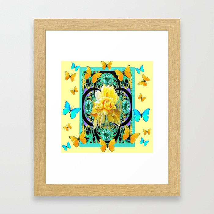 Yellow & Turquoise Butterflies & Rose Pattern Framed Art Print