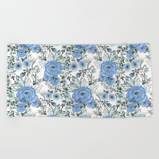 Watercolor . Sky-blue flowers . Beach Towel