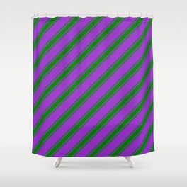 [ Thumbnail: Dark Orchid and Green Colored Striped Pattern Shower Curtain ]