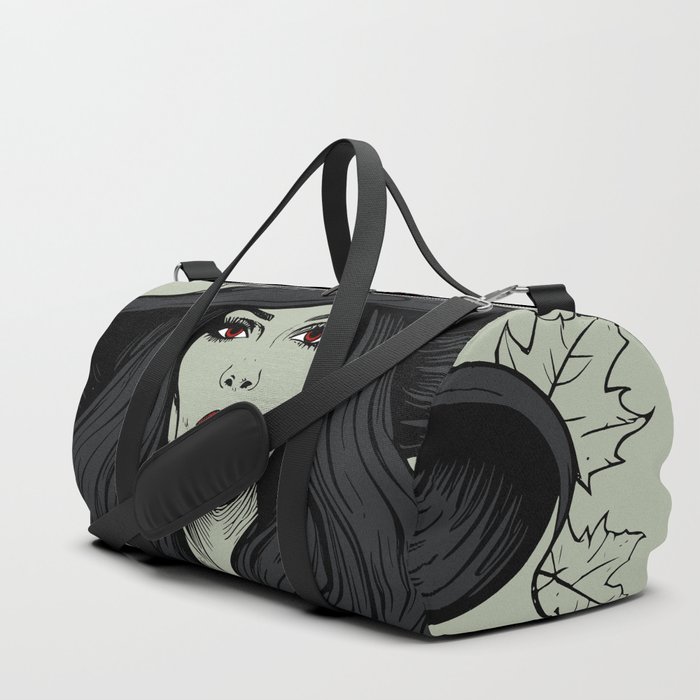 Witch and Autumn Leaves Vintage Horror Halloween Green Sage Black Charcoal Red Duffle Bag