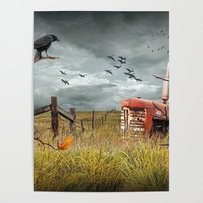 Abandoned Red Tractor in a Prairie Field with Perched Crow and Flying Geese Poster
