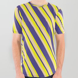 [ Thumbnail: Yellow, Tan, and Dark Slate Blue Colored Striped/Lined Pattern All Over Graphic Tee ]
