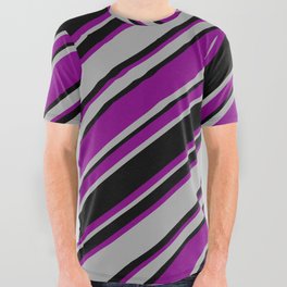 [ Thumbnail: Purple, Dark Gray & Black Colored Striped/Lined Pattern All Over Graphic Tee ]
