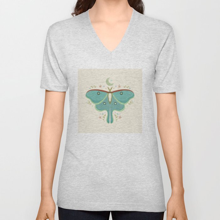 Luna Moth with Moon and Stars V Neck T Shirt