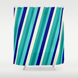 [ Thumbnail: Eye-catching Light Sea Green, Dark Cyan, Turquoise, Blue, and Beige Colored Stripes/Lines Pattern Shower Curtain ]
