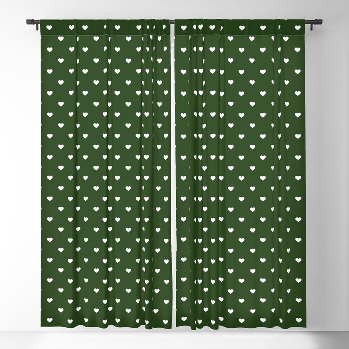Small White Polka Dot Hearts on Dark Forest Green Blackout Curtain