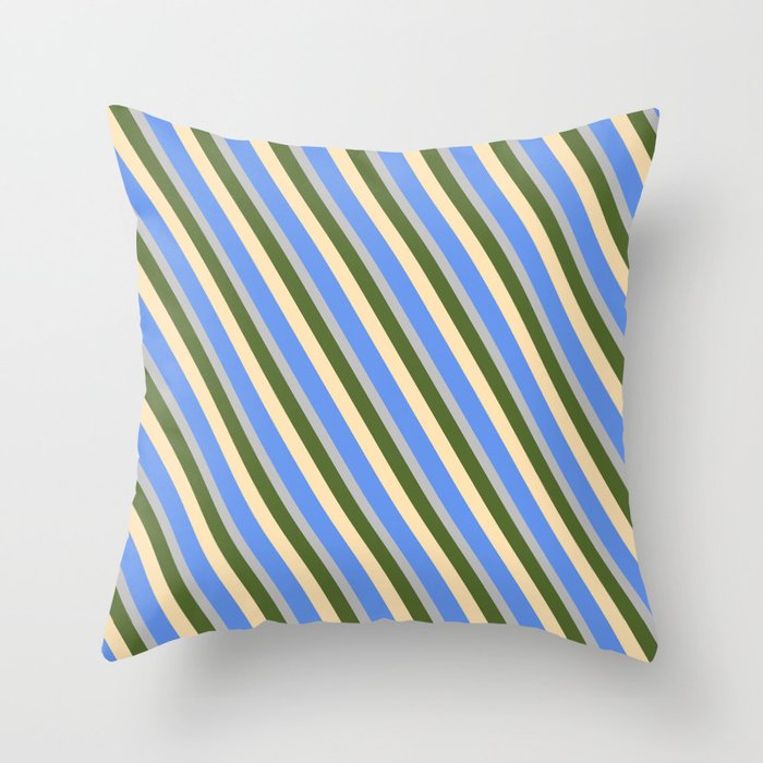 Dark Olive Green, Beige, Cornflower Blue & Grey Colored Lines Pattern Throw Pillow
