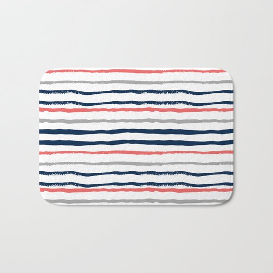 Minimal stripes painted stripe pattern navy modern trendy color palette nursery Bath Mat