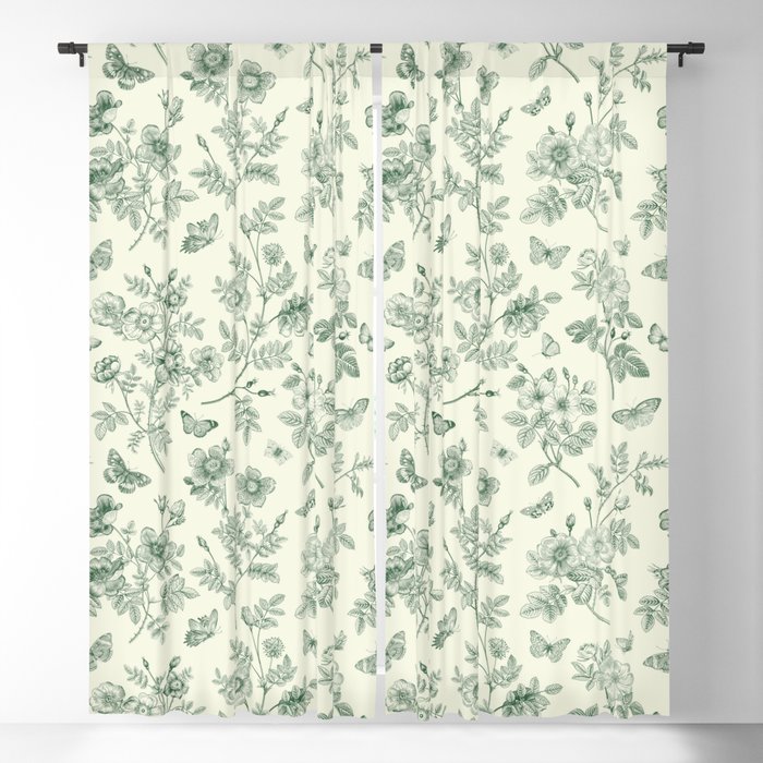 Toile de Jouy Wild Roses & Butterflies Forest Green Floral Blackout Curtain