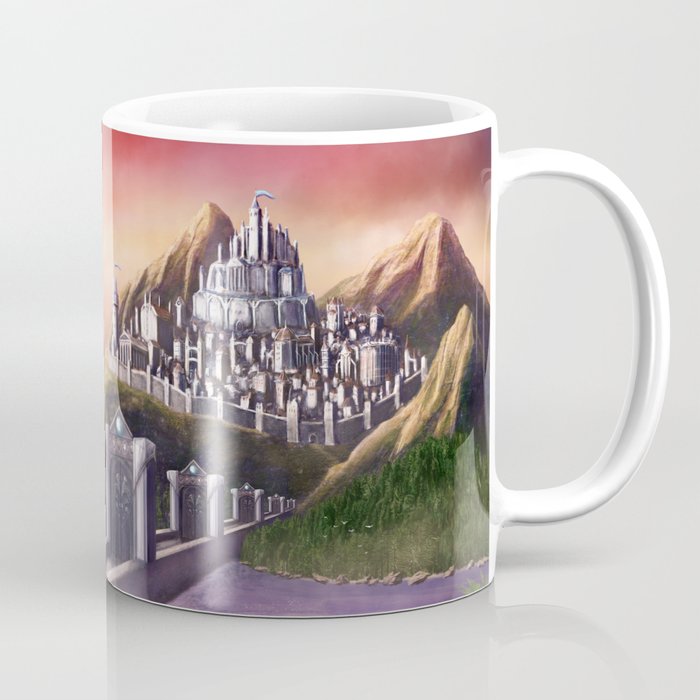 Myrinthor Fantasy Art Print Landscape Painting Mountain Castle Fantasy City Ocean Sunset Coffee Mug By Justinfowlerart