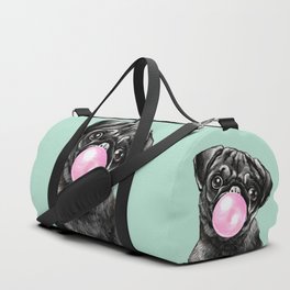 Bubble Gum Black Pug in Green Duffle Bag