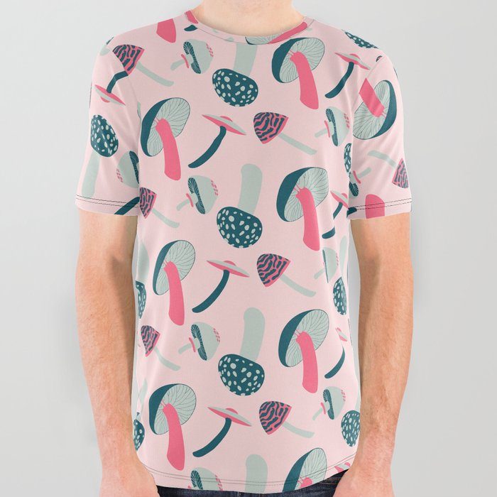 Modern Mushrooms - Pink All Over Graphic Tee
