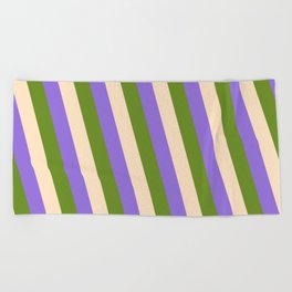 [ Thumbnail: Purple, Green, and Bisque Colored Lines/Stripes Pattern Beach Towel ]