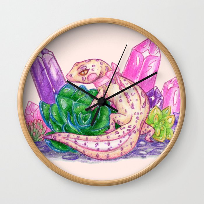 Pastel Leopard Gecko with Crystals and Succulents Wall Clock