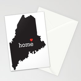 Maine home state - black state map with Home written in white serif text with a red heart. Stationery Cards