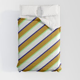 [ Thumbnail: Dark Goldenrod, Green, Mint Cream, and Blue Colored Striped/Lined Pattern Comforter ]
