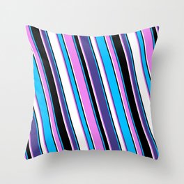 [ Thumbnail: Deep Sky Blue, Dark Slate Blue, Violet, White & Black Colored Lines/Stripes Pattern Throw Pillow ]