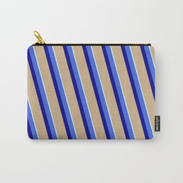 [ Thumbnail: Royal Blue, Dark Blue, Tan & Light Cyan Colored Stripes/Lines Pattern Carry-All Pouch ]