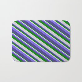 [ Thumbnail: Green, Light Gray, Medium Slate Blue, and Dark Slate Blue Colored Striped Pattern Bath Mat ]