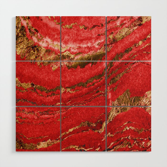 Red and Gold Marble Abstract Design Wood Wall Art