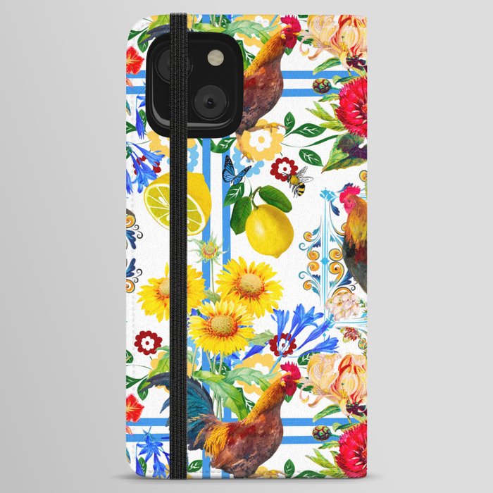 Rooster,farm,birds ,citrus,lemons,folklore pattern  iPhone Wallet Case