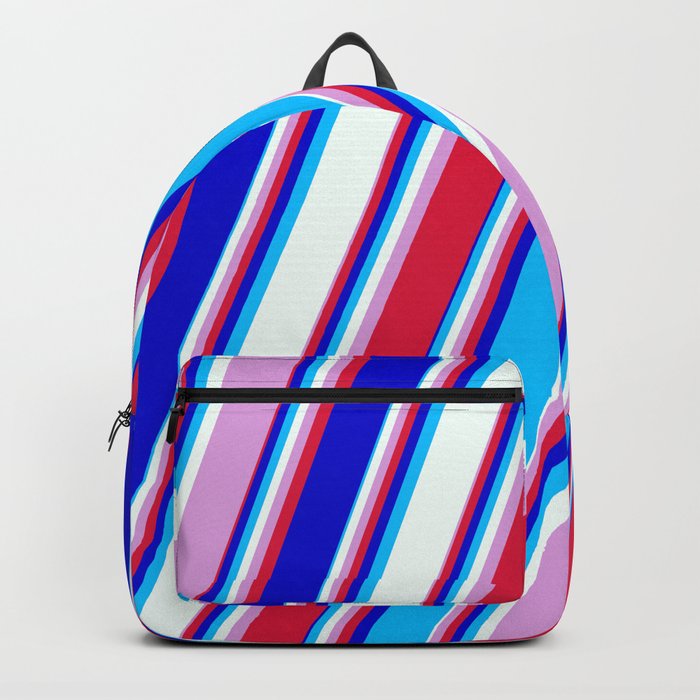 Colorful Plum, Crimson, Blue, Deep Sky Blue, and Mint Cream Colored Lined/Striped Pattern Backpack