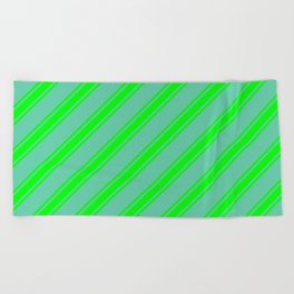 [ Thumbnail: Aquamarine & Lime Colored Stripes Pattern Beach Towel ]