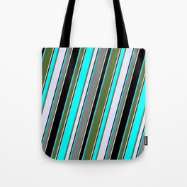 [ Thumbnail: Eyecatching Aqua, Grey, Dark Olive Green, Lavender & Black Colored Lines/Stripes Pattern Tote Bag ]