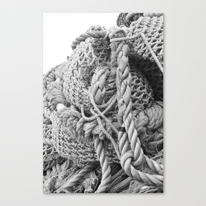 Nautical Rope Fishing Nets Boat Seafood Black and White Pacific Northwest Ocean Beach Restaurant Industrial Shipyard Canvas Print