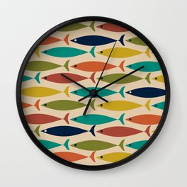 Midcentury Modern Multicolor Fish Pattern 2 in Olive, Mustard, Orange, Teal, Beige Wall Clock