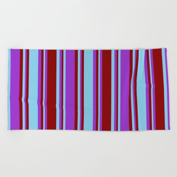 Sky Blue, Dark Orchid, and Dark Red Colored Pattern of Stripes Beach Towel