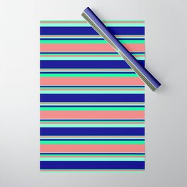 [ Thumbnail: Aquamarine, Dark Blue, Green & Light Coral Colored Stripes Pattern Wrapping Paper ]