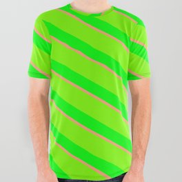[ Thumbnail: Light Salmon, Green, and Lime Colored Lines Pattern All Over Graphic Tee ]