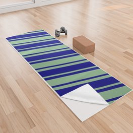 [ Thumbnail: Dark Sea Green & Blue Colored Striped/Lined Pattern Yoga Towel ]