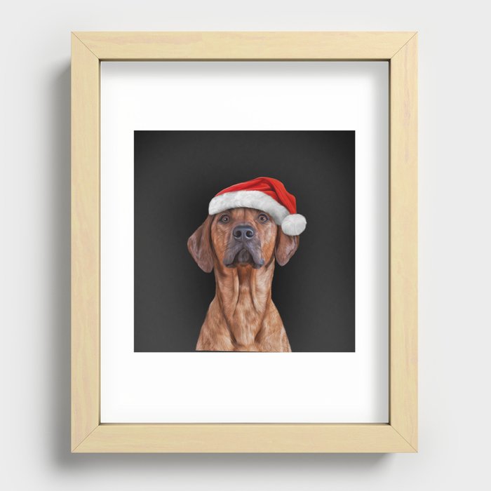 Drawing Vizsla Pointer in red hat of Santa Claus  Recessed Framed Print